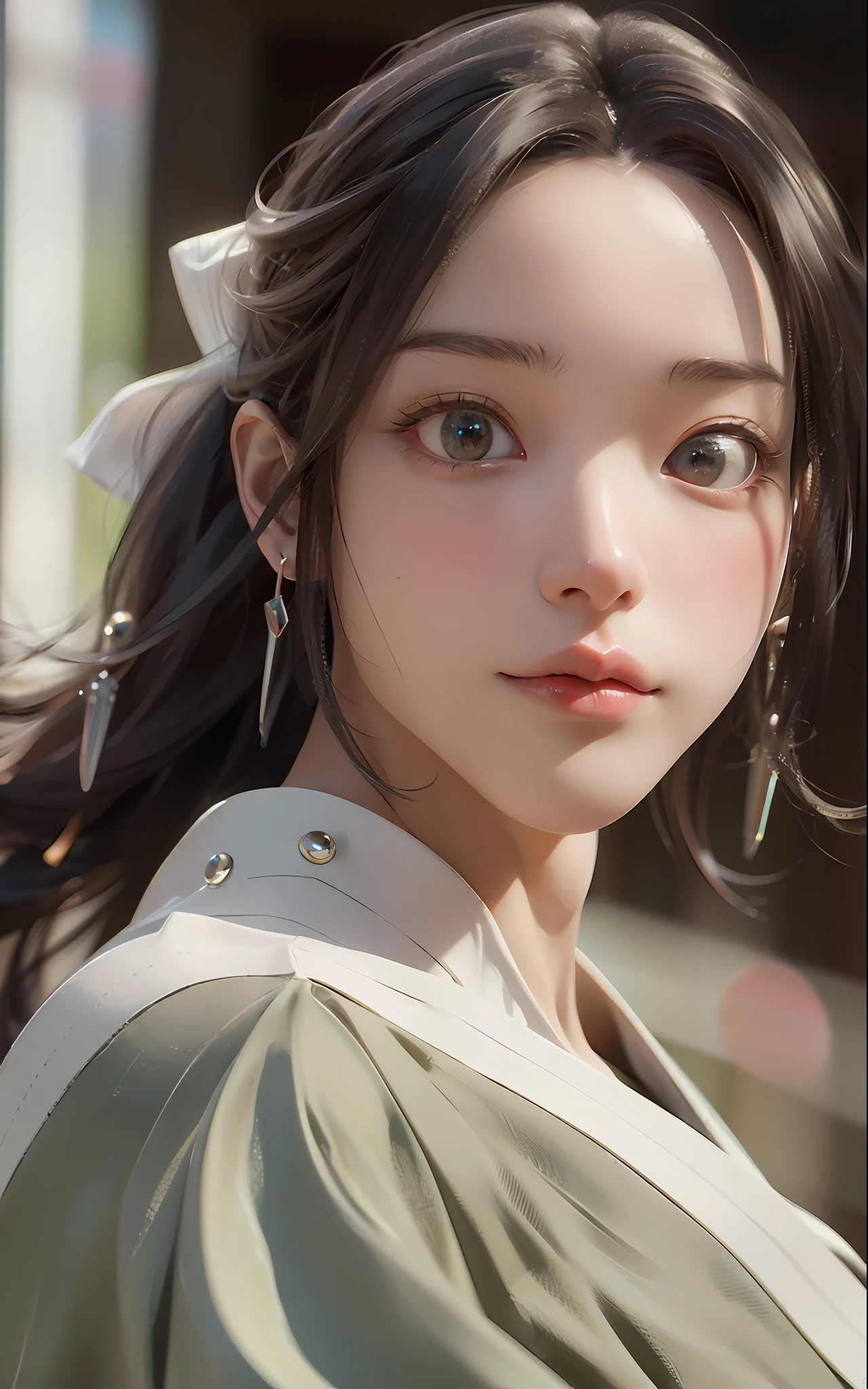 (Best Quality)), (Masterpiece)), (Details: 1.4), 3D, Images of neat and clean modern women, Sparkling brown hair, Beautiful brown eyes, Beautiful face, Dark blue pleated long skirt, white blouse, small, Dynamic pose, Dynamic Angle, HDR, Ray Tracing, NVIDIA RTX, Super Resolution, Unreal 5, Subsurface Scattering, PBR texturing, post-processing, anisotropic filtering, depth of field, maximum clarity and sharpness, multi-layer textures, albedo and specular maps, surface shading, accurate simulation of light-matter interactions, perfect proportions, octane rendering, two-tone lighting, wide aperture, low ISO, White Balance, Rule of Thirds, 8K RAW,