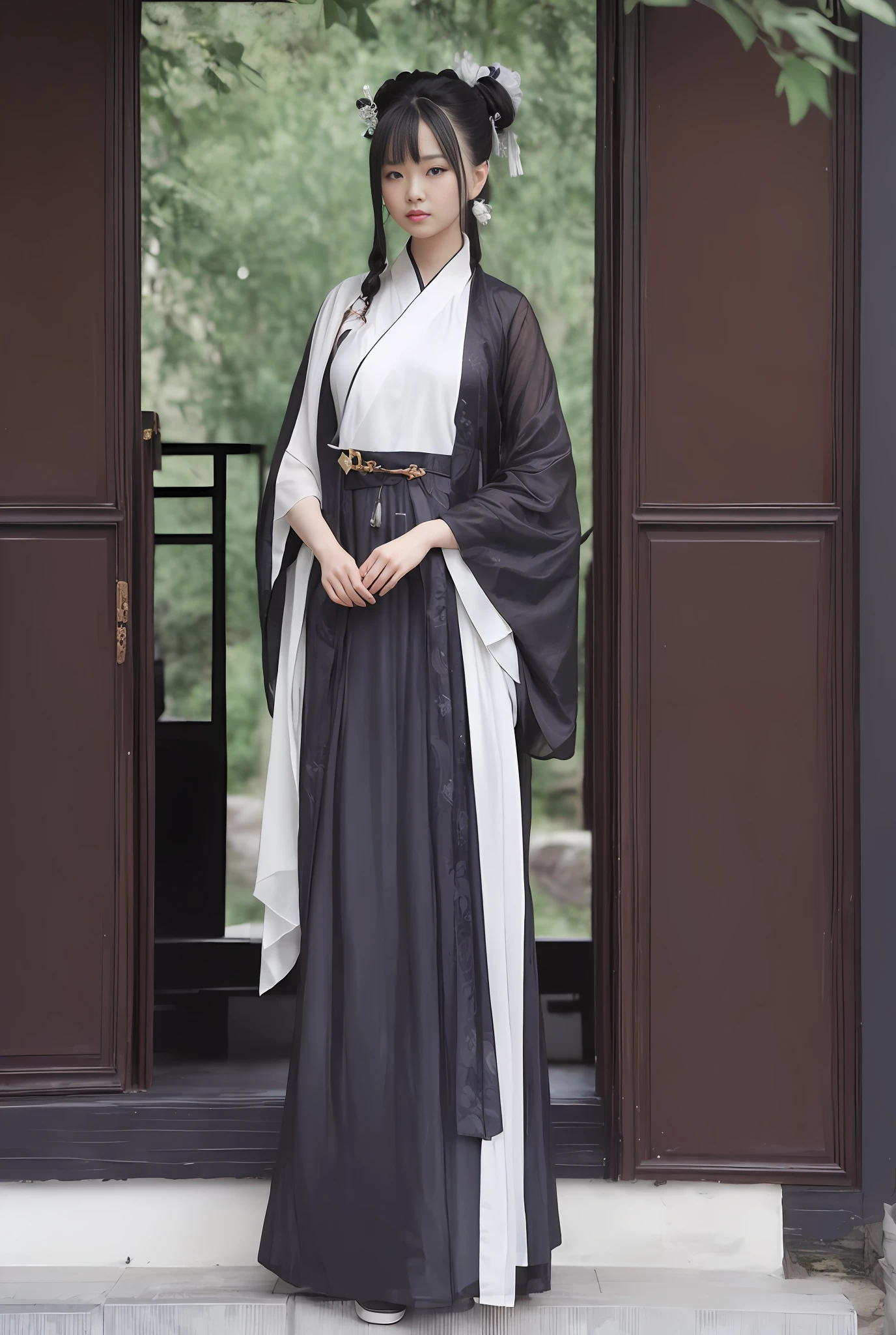 Mujer vestida de negro parada frente a la puerta hanfu vestido