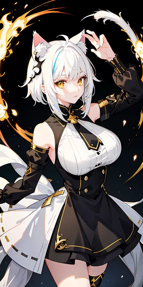 1girl, white hair, multicolored hair(white,black), yellow eyes, mask on head, sidelighting, light particles, wallpaper, big breast,cat ear, cat tail, dynamic pose