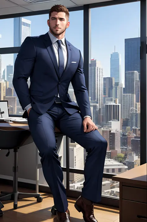 a handsome man sitting in the office,crew cut,business suit,windows,cityscape,full body,mature male,[plump],[chris redfield],
