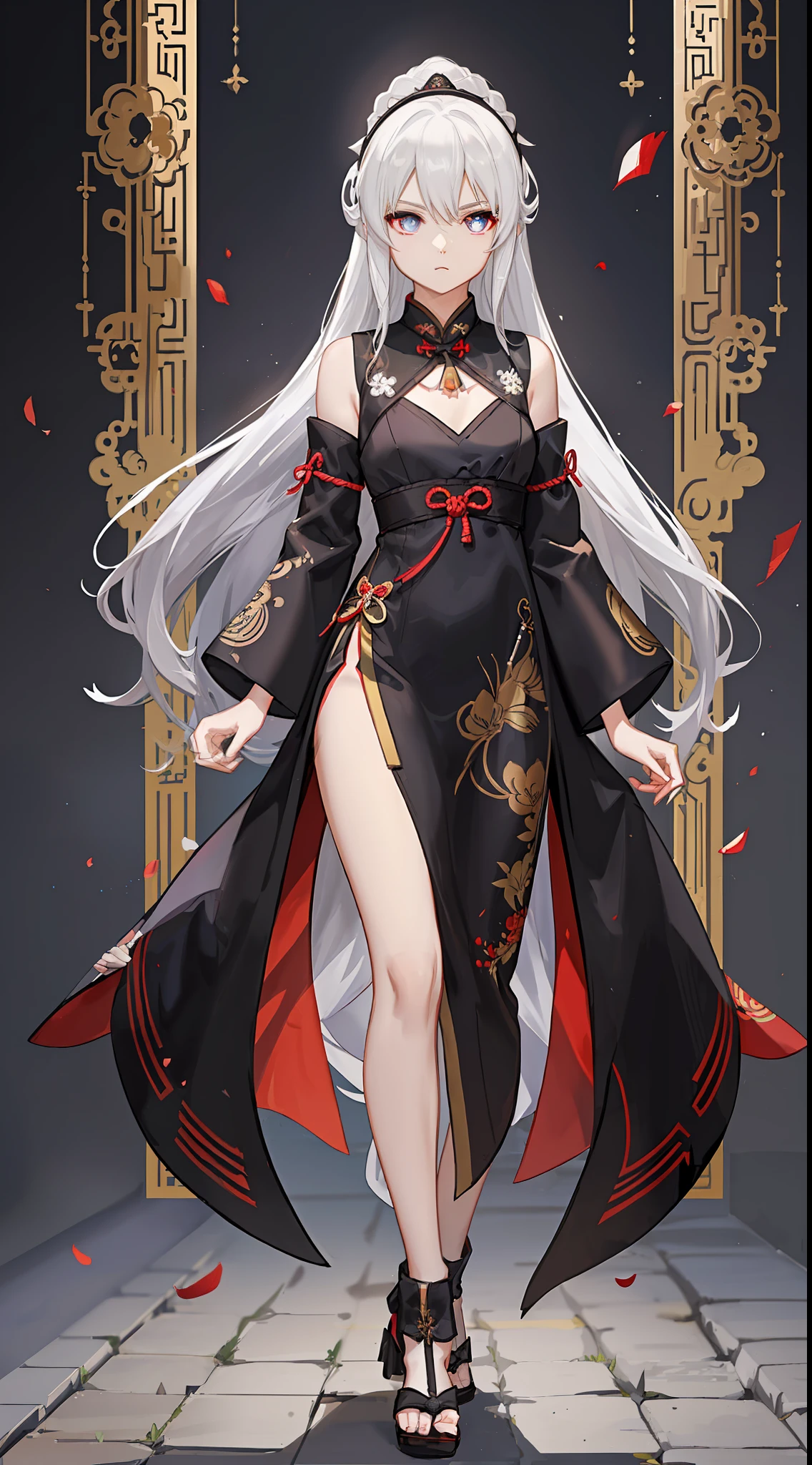 (((flat chest))), ancient style, ((HD)), black cheongsam, white hair, full body photo, anime style, ((black background)), (4k), (white pupils), ((expressionless)))