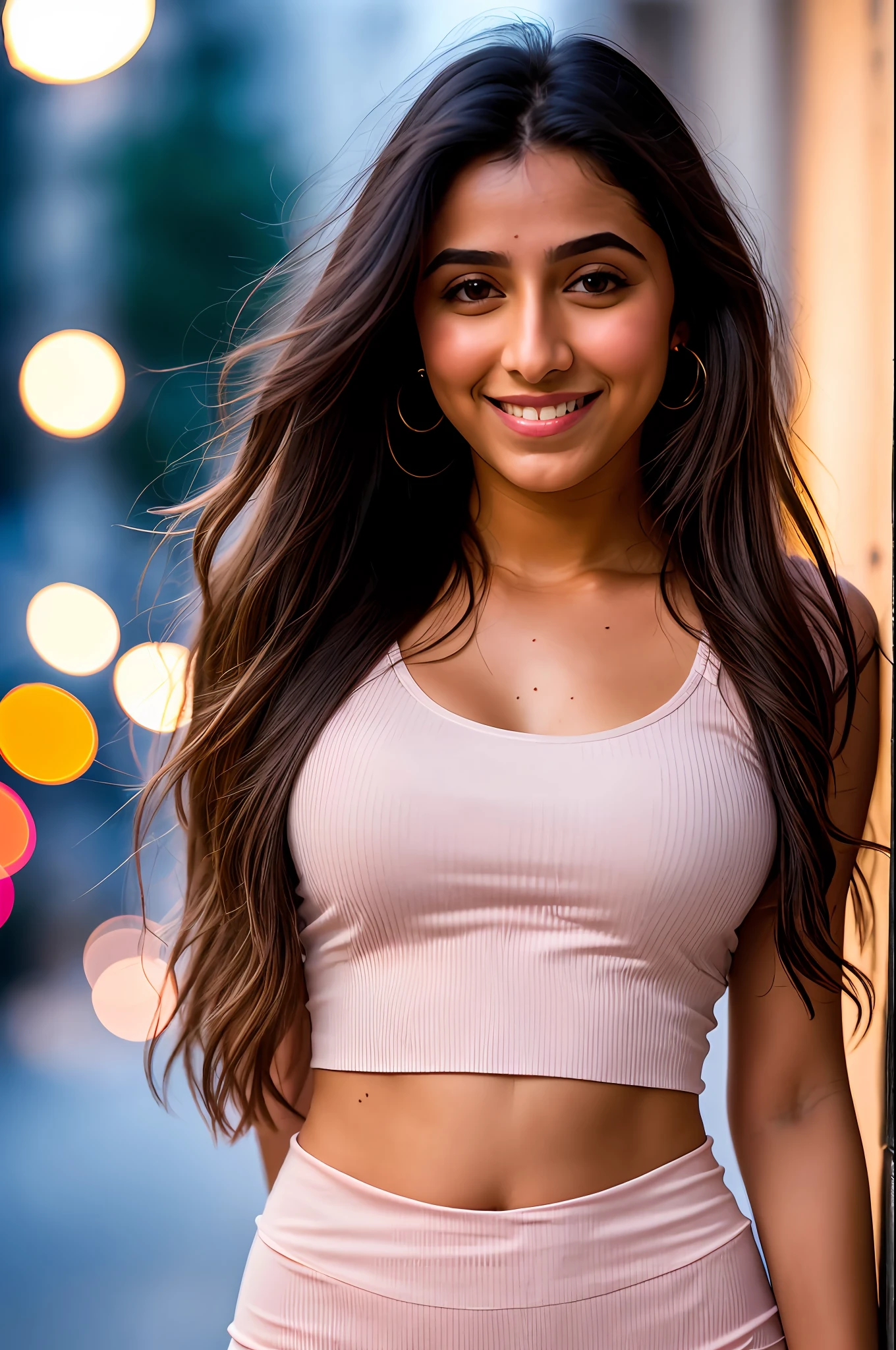 RAW photo, analog style, ==== a full body portrait of one 25 yo Anjali ghosh standing on a sidewalk wearing a light pink a illusion neckline unbuttoned shirt and dark grey color tight fit textured striped tights with high heeled women's, shoes, perky breasts, portrait photo by Anna and Elena Balbusso, night lights, city streets, dribble, high definition, ultra hd, 32k uhd, pixel perfect, photo, high resolution, super intricately defined face, beautiful eyes and perfect nose, symmetrical eyes, super realistic muscular body, grinning, straight very long hair , (high detailed skin:1.2), 8k uhd, dslr, soft lighting, high quality, lush detail, sharp focus, film grain, trending on artstation, insanely detailed background, full frame, Fujifilm XT3, 80mm Sigma f/1.4