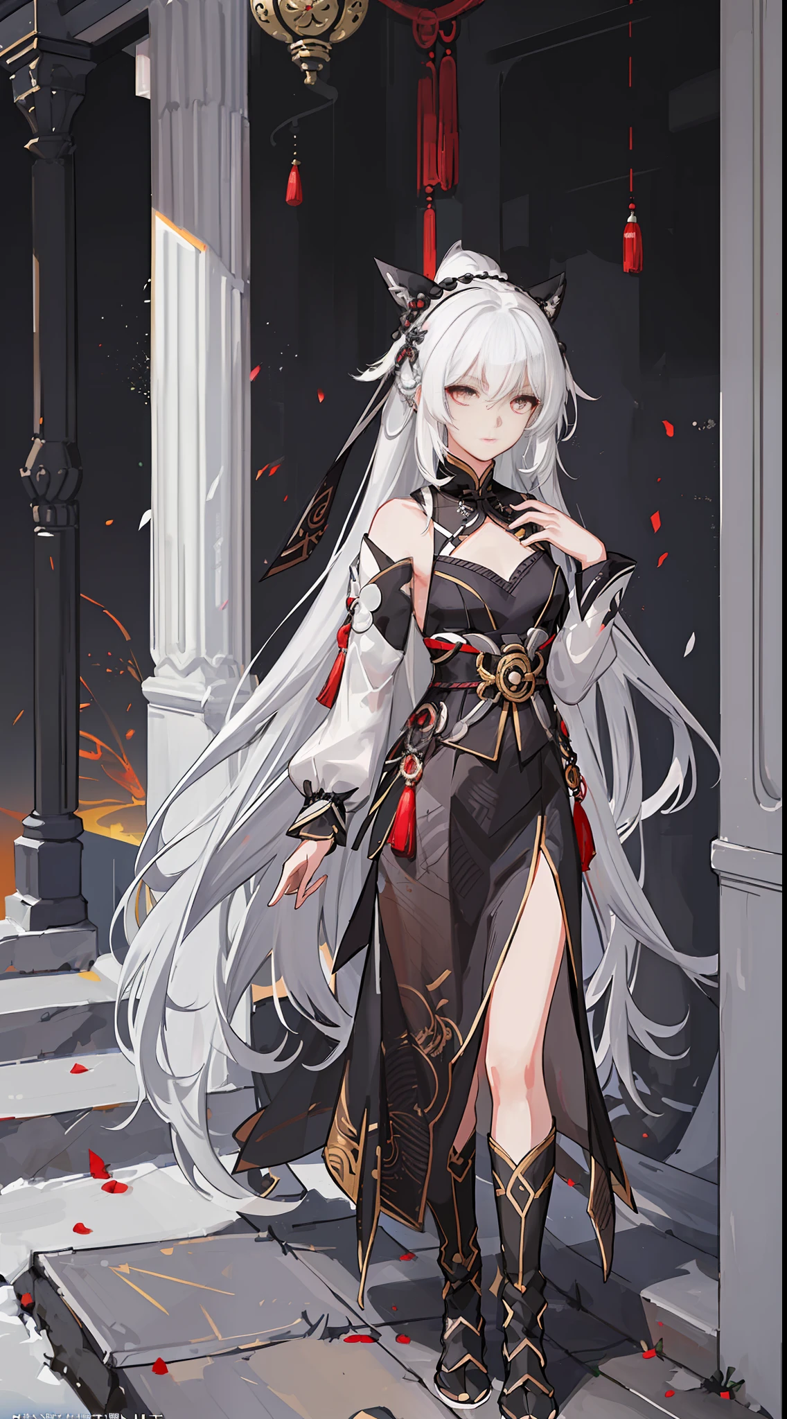 (((flat chest))), ancient style, ((ultra-clear)), black cheongsam, white hair, full body photo, anime style, ((black background)), (16k), (white pupils), (((expressionless))), girl, three no attributes, white eyes, (white eyes), colored inner hair_red