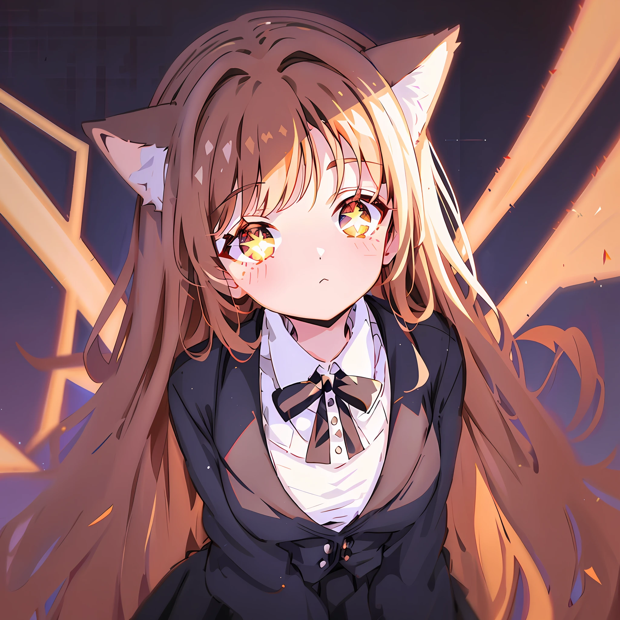 ((Catgirl, Upper Body)), ((Gorgeous Starry Sky Background)), ((Super Definition)), ((Best Illustration)), ((Cinematic Lighting)), Dynamic Angle, Detail, (Glitter: 1.2), (Shine: 1.2), (Paint: 1.1), (Best Quality), (Masterpiece: 1.2), (Anime Style), (Solo), Beautiful Detail Face, (Cute Face, Looking Up: 1.4), (Big Eyes: 1.3), (Amber Eyes: 1.4), Dark Cinnamon-colored Hair And Cat Ears, (Medium Hair: 1.2), (Floating Hair: 1.2), (Dark Cinnamon-Colored Cat Ears: 1.3), (Gargantuan Breasts: 1.6), (High School Student Costume: 1.4), (Short Black Shirt and Blazer: 1.5), Detailed Costumes, ( Pleated Black Skirt: 1.3), (Transparent Fabric: 1.1), (Glitter: 1.2), (Glow: 1.2), (Shine: 1.2), ( Flicker:1.2), (Dazzle:1.2)