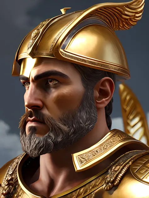 (Masterpiece) Create a ultrarealistic photograph of a character portrait of a man in a bronze Greek armor, bronze helmet, inspired by Theophanes the Greek, epic legends game icon, greek fantasy panorama, unreal - engine, golden bodypaint, athletic man in h...