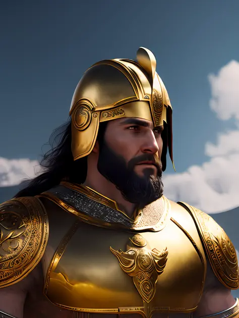 (Masterpiece) Create a ultrarealistic photograph of a character portrait of a man in a bronze Greek armor, bronze helmet, inspired by Theophanes the Greek, epic legends game icon, greek fantasy panorama, unreal - engine, golden bodypaint, athletic man in h...
