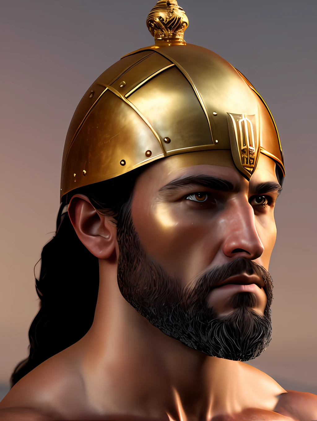 (Masterpiece) Create a ultrarealistic photograph of a character portrait of a man in a bronze Greek armor, bronze helmet, inspired by Theophanes the Greek, epic legends game icon, greek fantasy panorama, unreal - engine, golden bodypaint, athletic man in his 30s, clothed in ancient suit, shoulders can be seen, military helmet, greek ethnicity, in game render, movie still in the style of 300 movie, grotesque, fierce, tumblr contest winner, hurufiyya, renaissance painting, very strong and masculine, movie still, cinematic lighting. photograph, detailed symmetric realistic face, extremely detailed natural texture, peach fuzz, long hair, masterpiece, absurdres, nikon d850 film stock photograph, kodak portra 400 camera f1.6 lens, extremely detailed, amazing, fine detail, hyper realistic lifelike texture, dramatic lighting, unrealengine, trending on artstation, cinestill 800 tungsten, looking at the viewer, photo realistic, RAW photo, TanvirTamim, high quality, highres, sharp focus, extremely detailed, cinematic lighting, 8k uhd,-imagine-