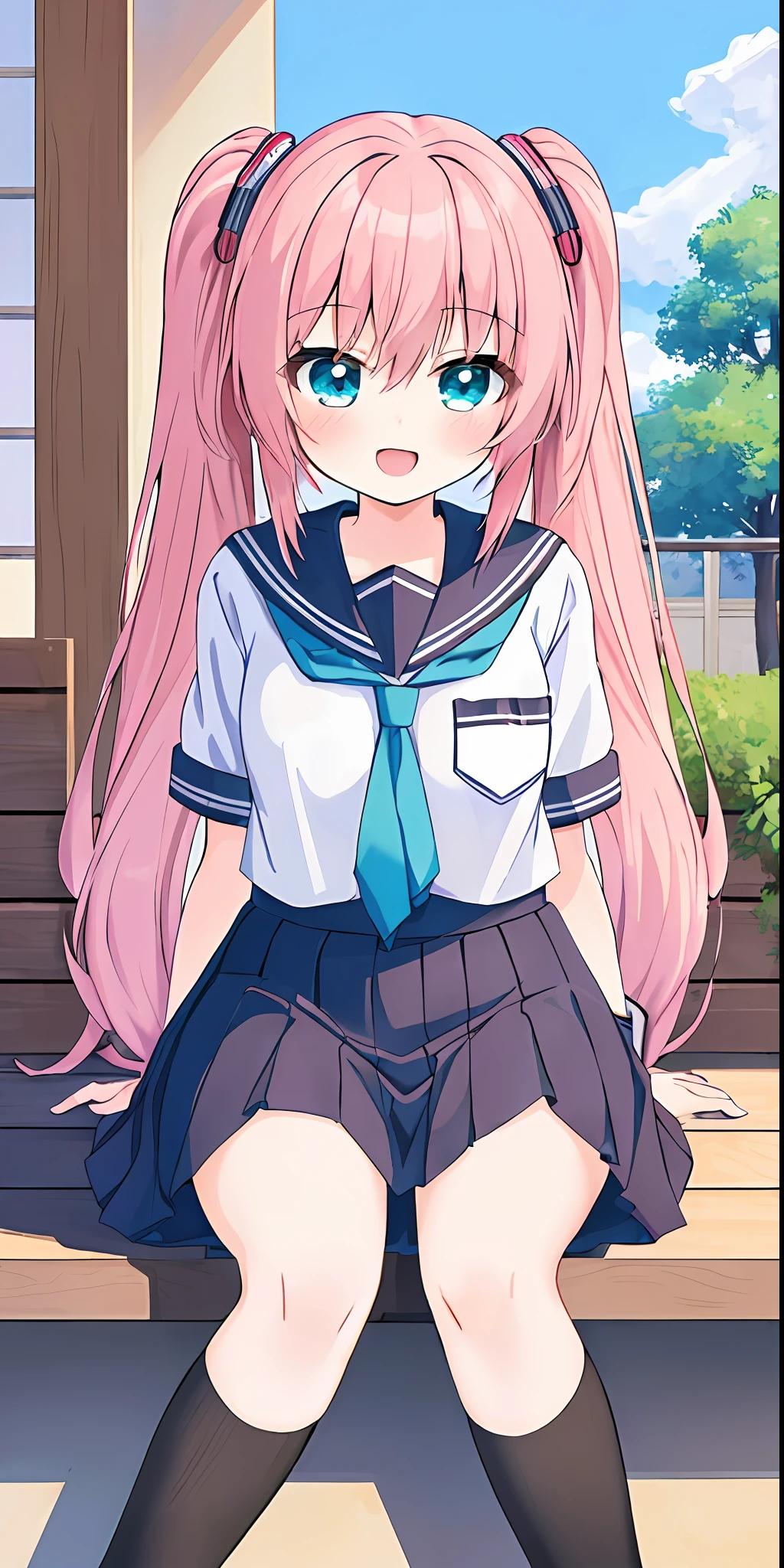 (Masterpiece, Best Quality, 8k:1.5), (Cute: 1.4), Anime Girl with Pink Hair and Blue School Uniform, Yui from Angel Beats, (Anime Girl), Anime Girl with Long Hair, Cute Anime Girl, Pink Twin-Tailed Hair and Cyan Eyes, Beautiful Anime High School Girl, Anime Girl Named Lucy, Cute Anime Girl, Young Anime Girl, anime girls, cute anime girls, beautiful anime girls, realistic young anime girls, slouching, best smile, school