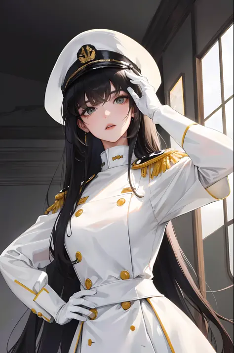 (highest resolution, distinct_image) the best quality, woman, masterpiece, high detail, realism, black hair, bangs, straight long hair, mature, white clothes, white uniform, white gloves, military school beauty, wearing white military cap, heroic posture, ...