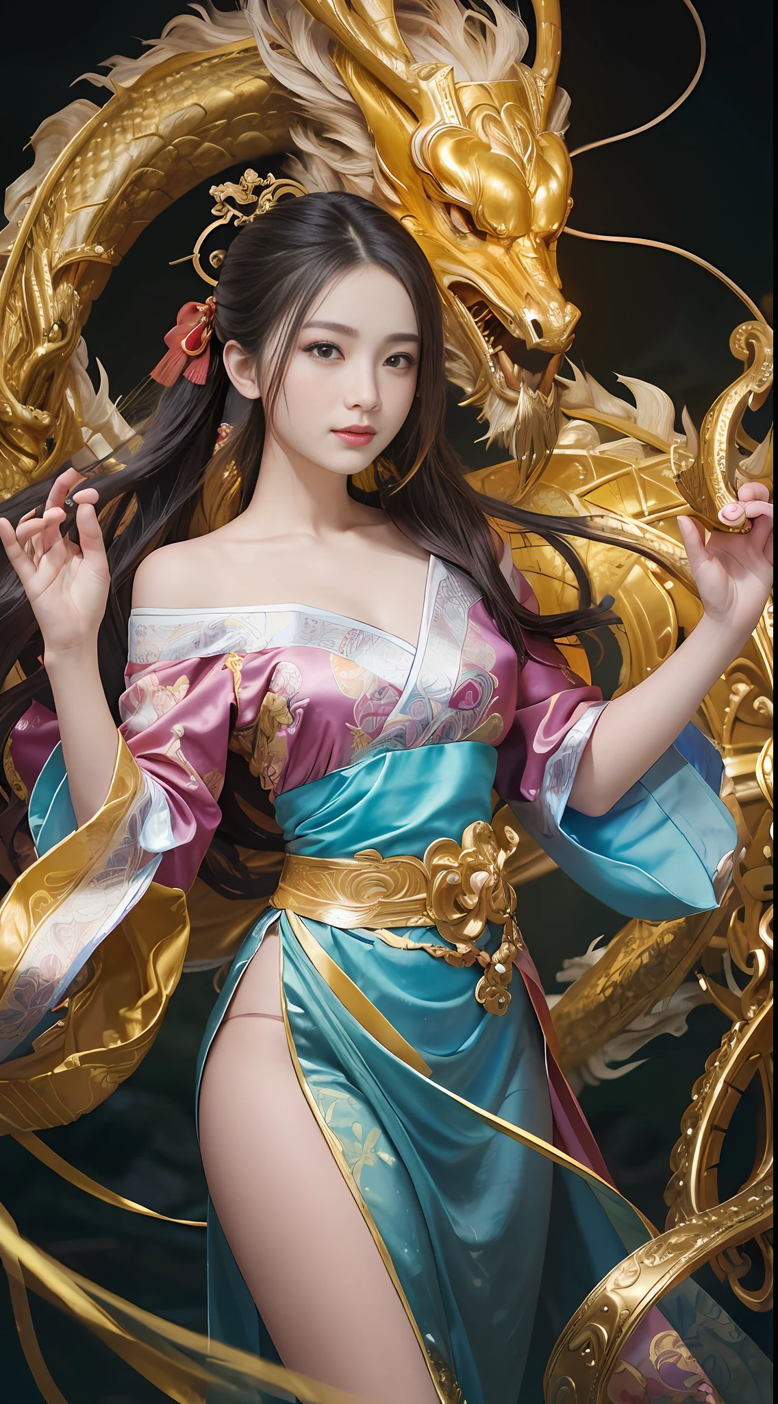 Zhong Fenghua, Gorgeous Hanfu, Official Art, Unity 8k wallpaper, super detailed, beautiful and beautiful, masterpiece, best quality, (tangled, tangled, tangled), (fractal art: 1.4), (character center: 1.3), bare thighs, 1 girl, shocking domineering Chinese dragon, detail water dragon, black hair, long ponytail, Chinese, off-the-shoulder, very detailed, dynamic angle, cowboy shot, (most beautiful form of chaos), ethereal, (bright colors) , OC, (half: 1.2), Chinese, (Thangka Feitian: 1.5), (Ribbon: 1.3), (Dream: 1.5), (Hanfu: 1.5), Chinese Dragon, Chinese Phoenix, (Smile: 0.5), (Chinese God), (Masterpiece, Top Quality, Best Quality, Ultimate Detail, Highest Detail, Official Art, Beauty & Aesthetics: 1.2), Golden Ratio, Full Composition