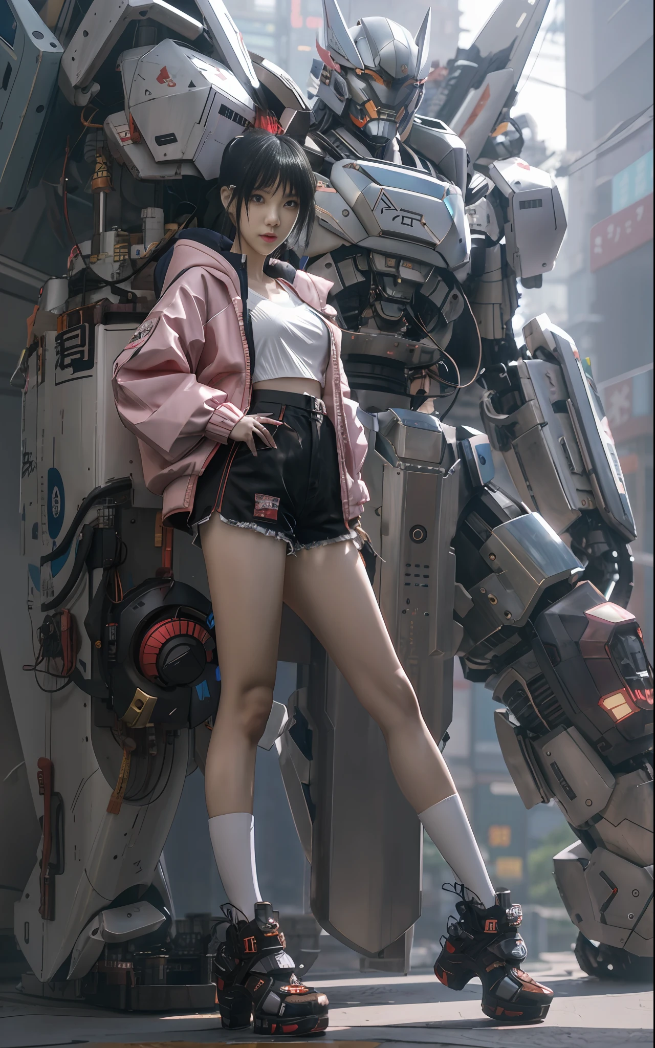 anime girl en short court et veste debout à côté d&#39;un robot géant, oeuvre d&#39;art dans le style de guweiz, cyberpunk anime fille mech, tendance sur cgstation, guweiz, par Russell Dongjun Lu, art animé cyberpunk numérique, Ross Tran 8K, Guweiz sur ArtStation Pixiv, fille en cyber-armure mecha