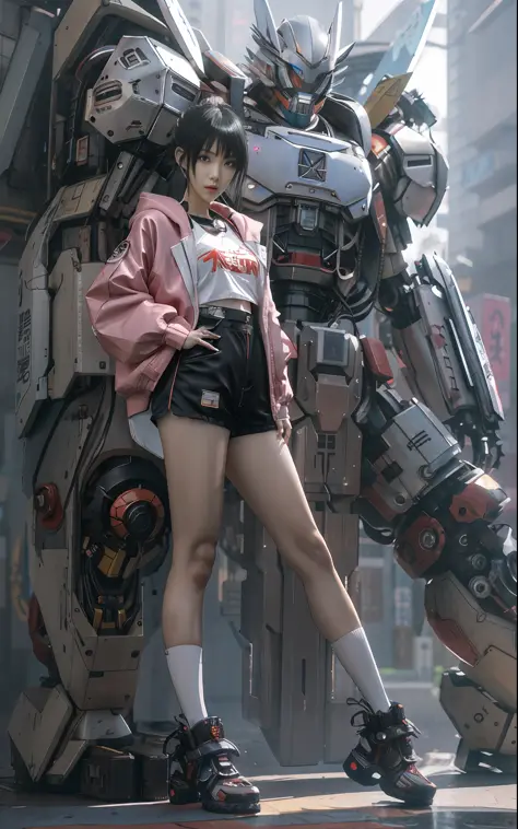 anime girl in short shorts and jacket standing next to giant robot, artwork in the style of guweiz, cyberpunk anime girl mech, t...