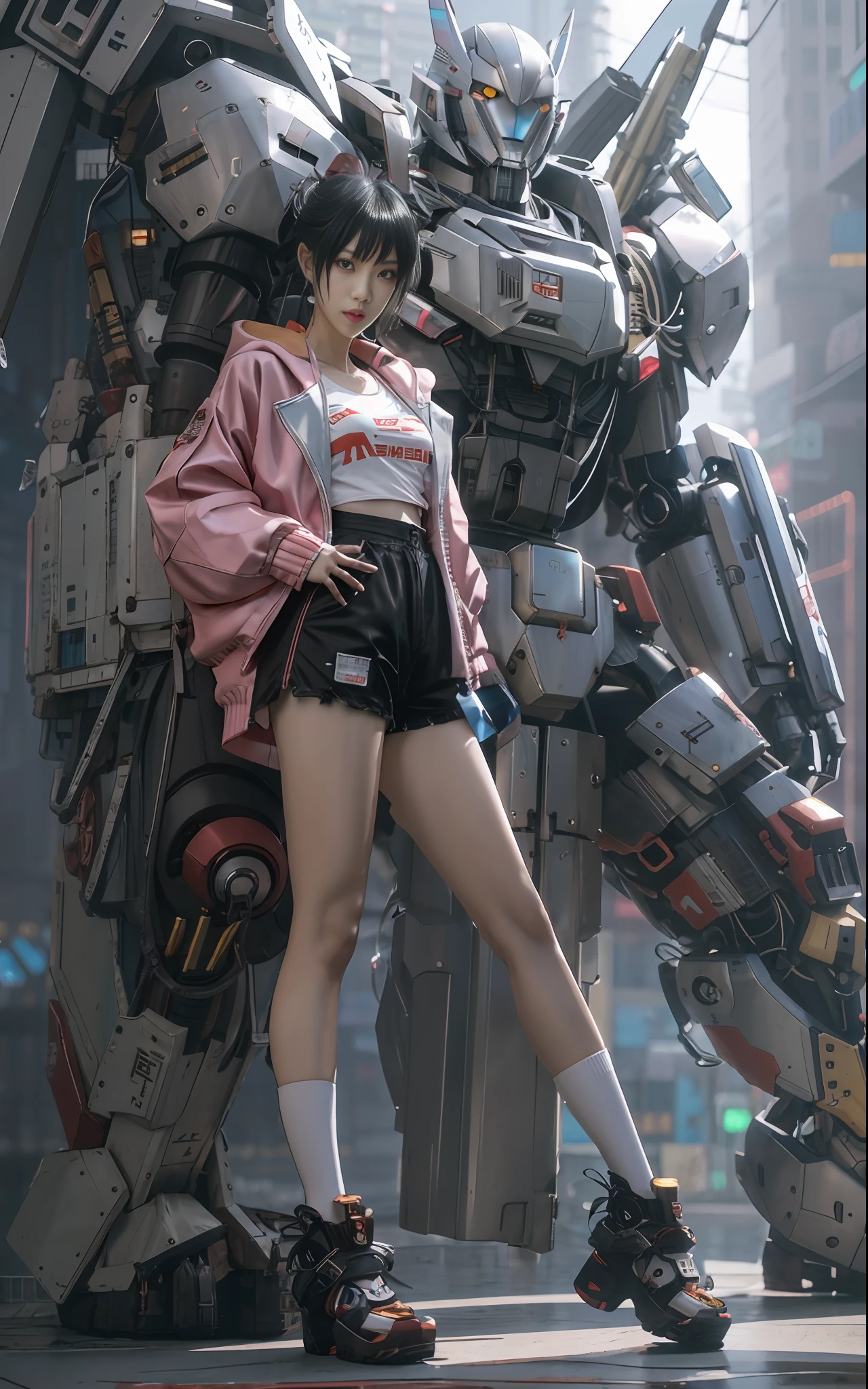 anime girl in short shorts and jacket standing next to giant robot, artwork in the style of guweiz, cyberpunk anime girl mech, trending on cgstation, guweiz, by Russell Dongjun Lu, digital cyberpunk anime art, ross tran 8 k, guweiz on artstation pixiv, girl in mecha cyber armor