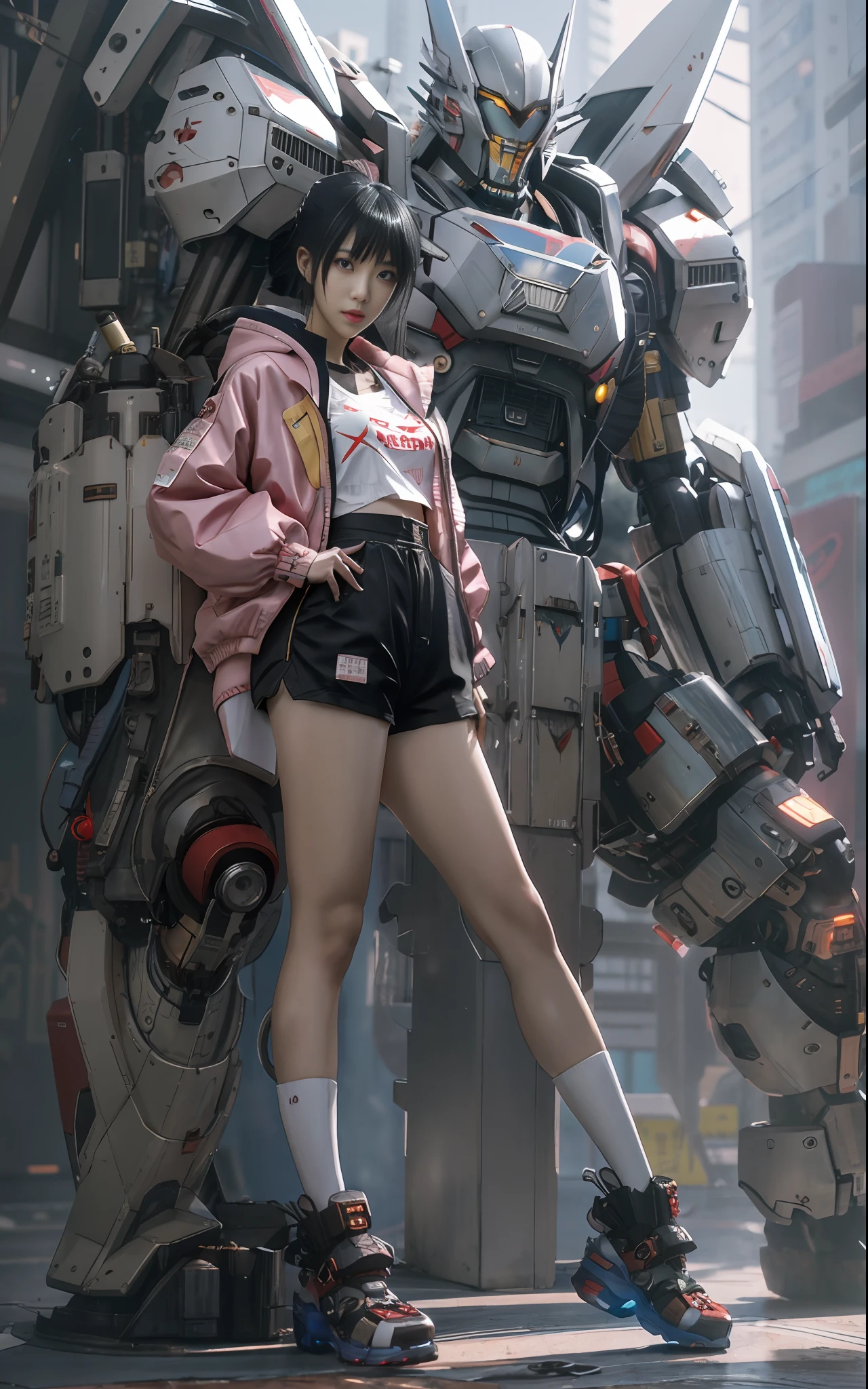 anime girl en short court et veste debout à côté d&#39;un robot géant, oeuvre d&#39;art dans le style de guweiz, cyberpunk anime fille mech, tendance sur cgstation, guweiz, par Russell Dongjun Lu, art animé cyberpunk numérique, Ross Tran 8K, Guweiz sur ArtStation Pixiv, fille en cyber-armure mecha