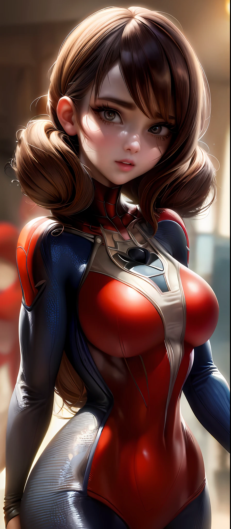(masterpiece), (best quality), highly detailed, HDR, 1girlspiderman 29yo, solo focus, skindentation, perfect face, puffy face, beautiful face, big eyes, puffy eyes, perfect eyes, eyelashes, brown hair, extreamly detailed face, zoom on face