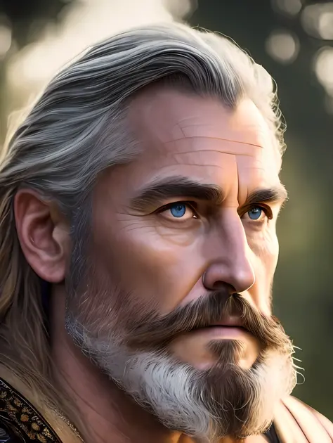 A very rustic handsome and attractive middle age man, full focus, tiltshift, ethereal, cinematic, shimmering lights, vikings, go...