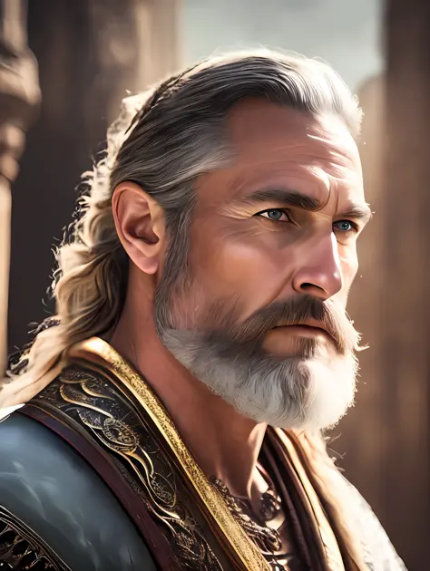 A very rustic handsome and attractive middle age man, full focus, tiltshift, ethereal, cinematic, shimmering lights, vikings, god, mythological king, grotesque, fierce, tumblr contest winner, hurufiyya, renaissance painting, very strong and masculine, movi...
