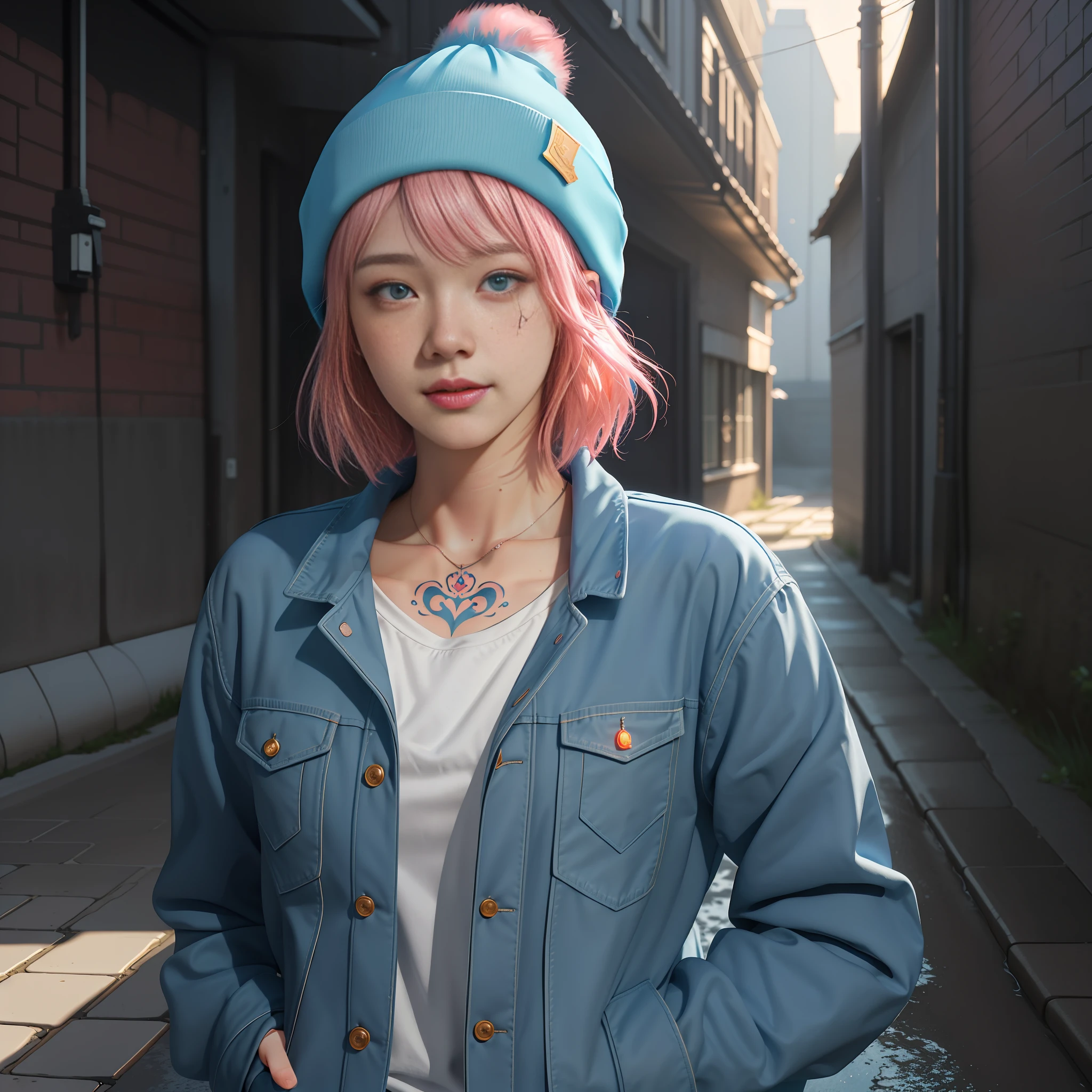 Mid portrait, a detailed portrait of a beautiful pink haired girl, low angle, short hair, wearing a blue beanie, wearing a blue jacket, black shirt collar, blue eyes, smirk smile, seductive gaze, ( neck tatoos:1.1), masterpiece, high quality, art by artgerm, sakimichan, Taejune Kim, pixiv, krenz cushart, ilya kuvshinov, Goro Fujita, Cyril Rolando, saturated colors, (masterpiece, top quality, best quality), realistic alley, wet floor, brick left wall, vibrant colors, 8k, unreal engine 5, artstation