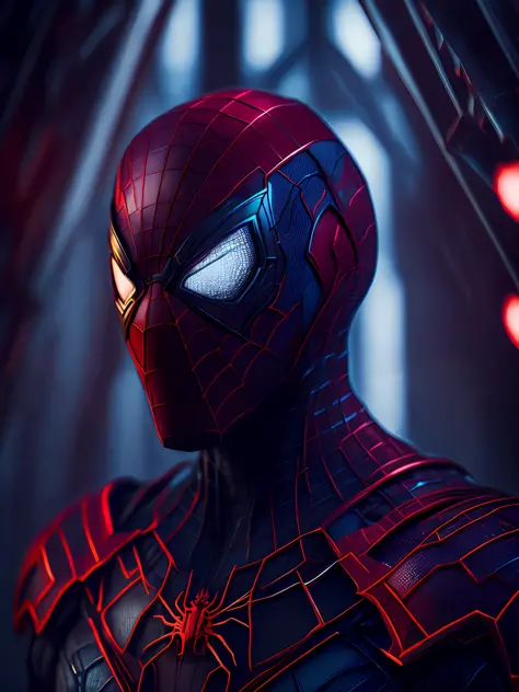 gloomy portrait of Iron Spider-Man from Marvel with intricate angular cybernetic implants inside a brutalist building, gothic brutalist cathedral, cyberpunk, award-winning photo, bokeh, neon lights, cybernetic limb