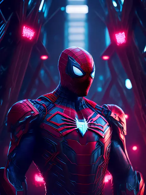 grim portrait of Spider-Man in Iron Man suit from Marvel with intricate angular cybernetic implants inside a brutalist building, gothic brutalist cathedral, cyberpunk, award-winning photo, bokeh, neon lights, cybernetic limb