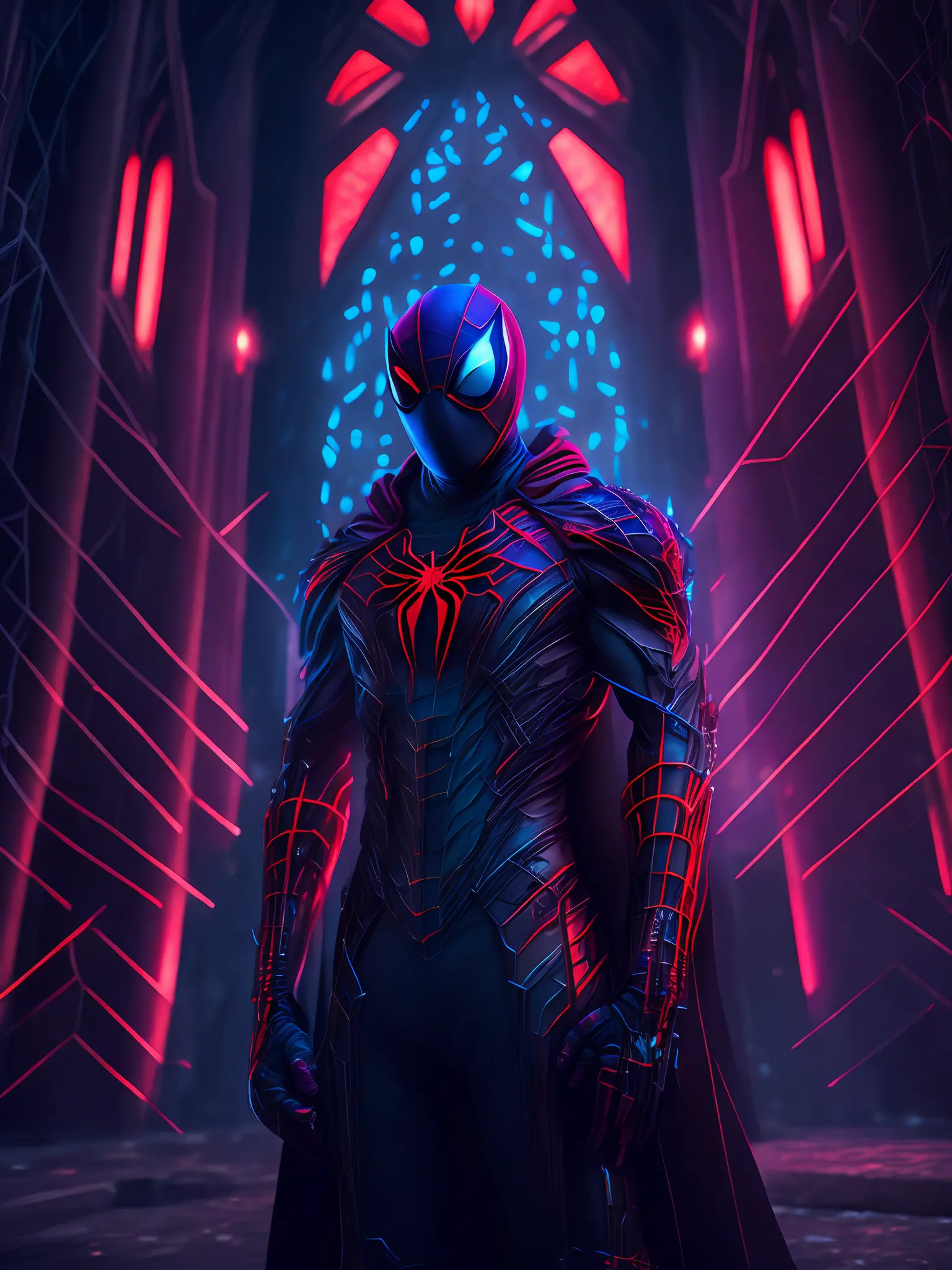 dark portrait of Evil Spider-Man from Marvel with intricate angular cybernetic implants inside a brutalist building, gothic brutalist cathedral, cyberpunk, award-winning photo, bokeh, neon lights, cybernetic limb