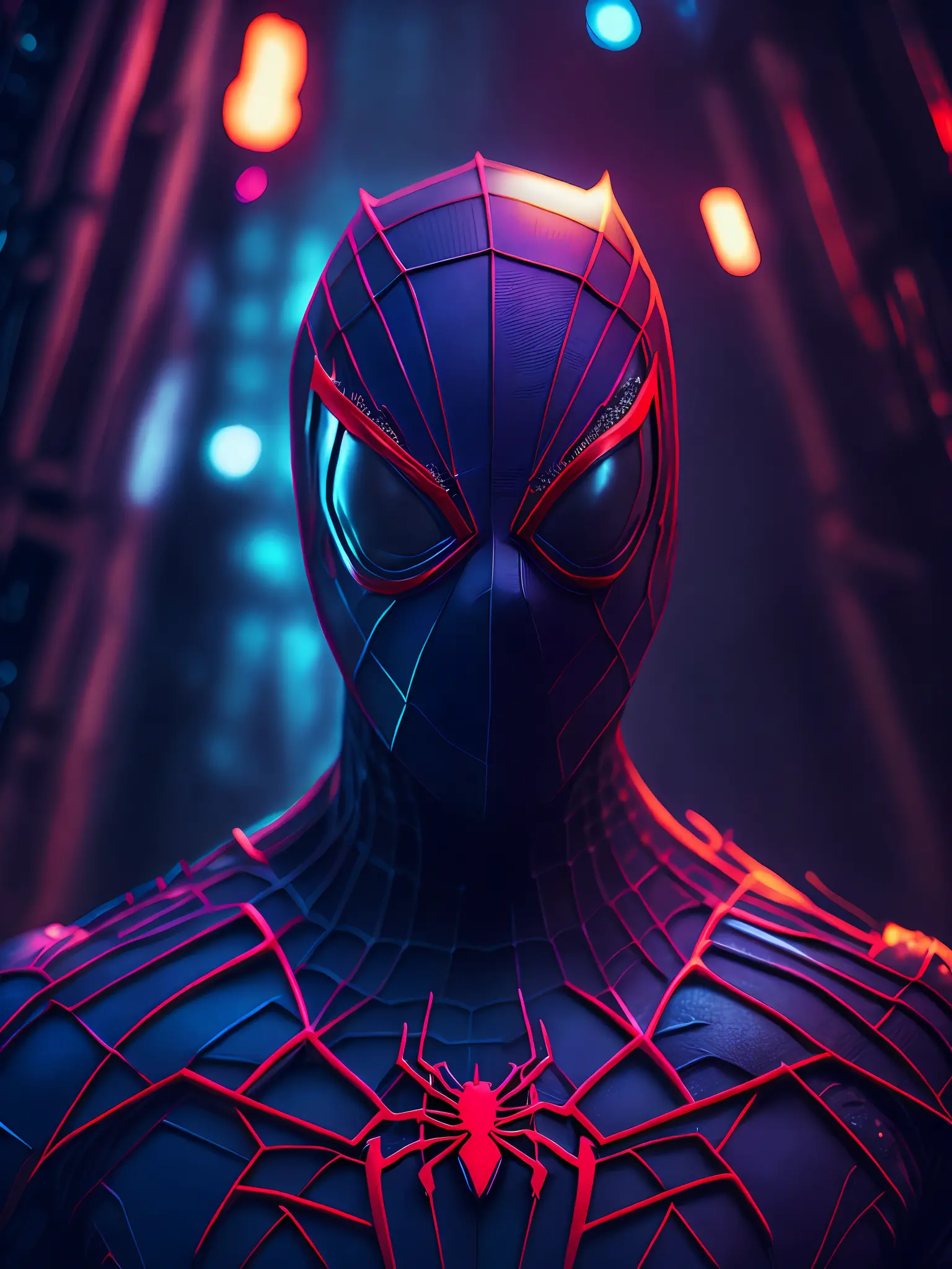 dark portrait of Evil Spider-Man from Marvel with intricate angular cybernetic implants inside a brutalist building, gothic brutalist cathedral, cyberpunk, award-winning photo, bokeh, neon lights, cybernetic limb