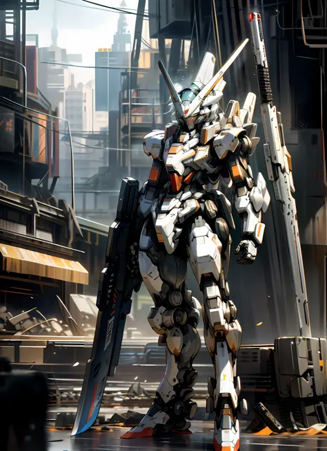 Surrealism, ray tracing, UHD, high details, 8k, best quality, textured skin, Gundam mech, masterpiece, best quality, mecha, unmanned, (full body), (white mech: 1.5), (axisymmetric: 1.4), (HDR), (movie light: 1.1), white eyes, cool, science fiction, fire, l...