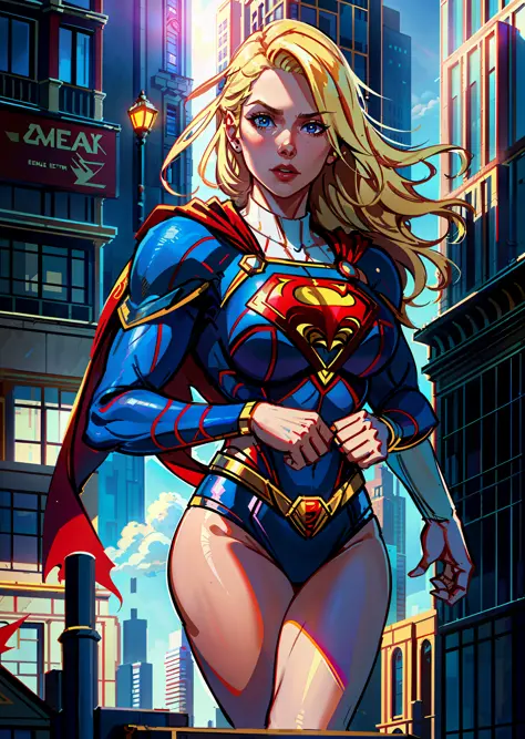 inked, beautiful supergirl shooting in front of a building, blonde hair, red cape, daylight, light from above, day, big building...