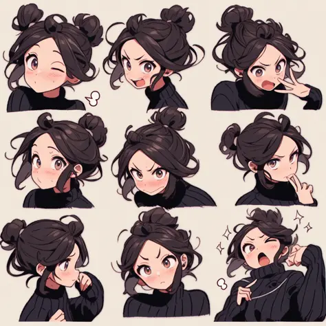 cute girl, emoji pack, 9 emoticons, emoji sheet, multiple poses and expressions, anthropomorphic style, Disney style, black strokes, different emotions,multiple poss and expressions, 8k --niji 5