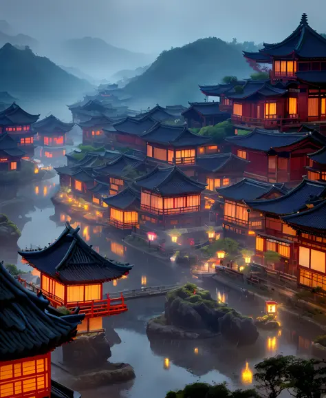 arafed view of a village, lots of lights on buildings, fantastic chinese town, chinese village, amazing wallpaper, japanese town, japanese village, surreal photo of a small town, old asian village, beautifully lit building, evening in the rain, beautiful a...