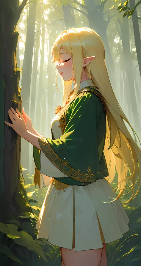 (((Masterpiece, highest quality, high definition, high detail)))), (((Early morning)))), (Forest)))), (((thick fog))), Sun Through the Trees, One, Elf Woman, White Short Skirt with Gold Embroidery, Blonde Long Straight Hair, Dark Green Eyes, Green Circ wit...