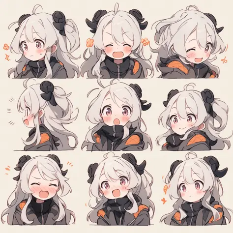 cute white-haired girl, emoji pack, 9 emoticons, emoji sheet, multiple poses and expressions, anthropomorphic style, Disney style, black strokes, different emotions,multiple poss and expressions, 8k --niji 5