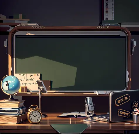 there is a desk with a chalkboard, a clock, a laptop, and a clock, classroom background, detailed school background, highschool ...