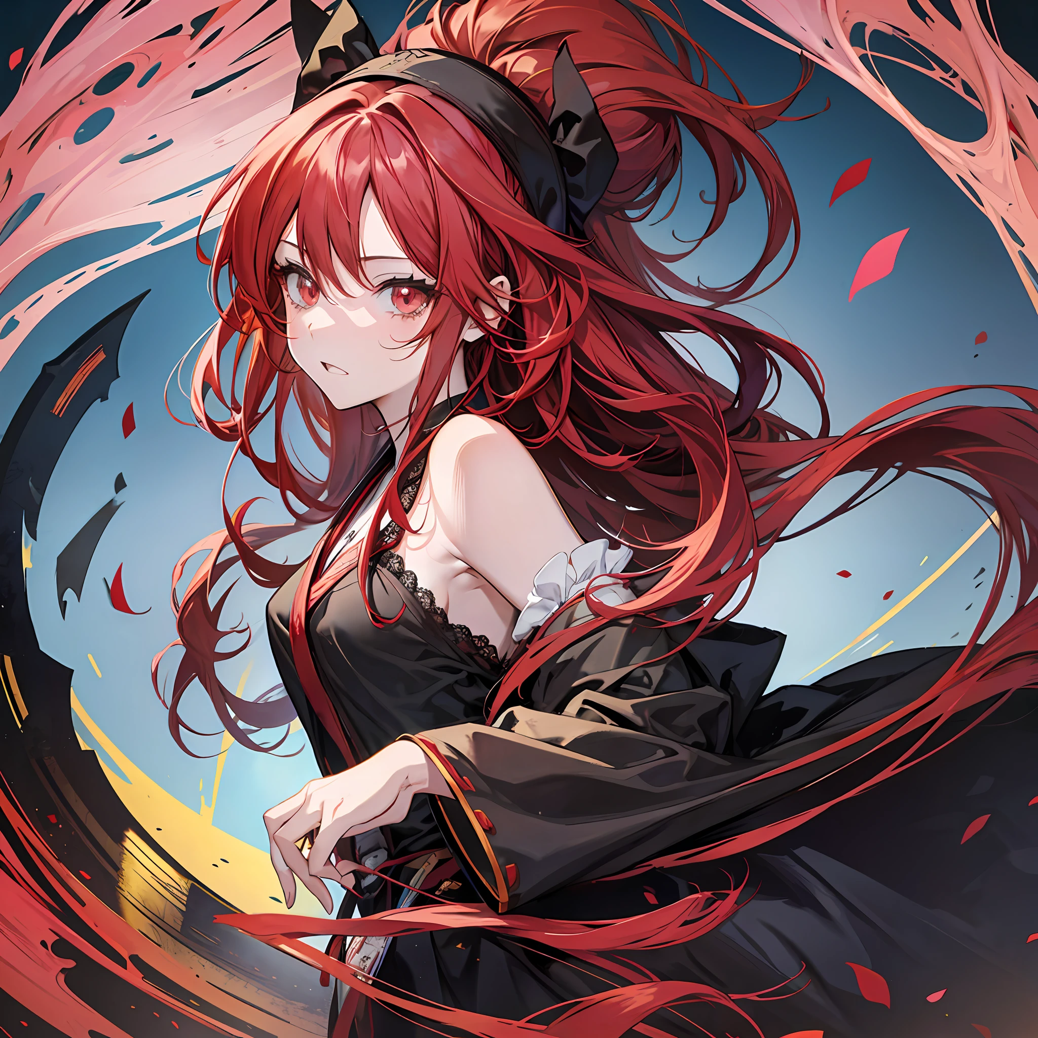 Anime-style girl, long red hair, disheveled hair, hanging eyes, simple black headband, scimitar, robe,