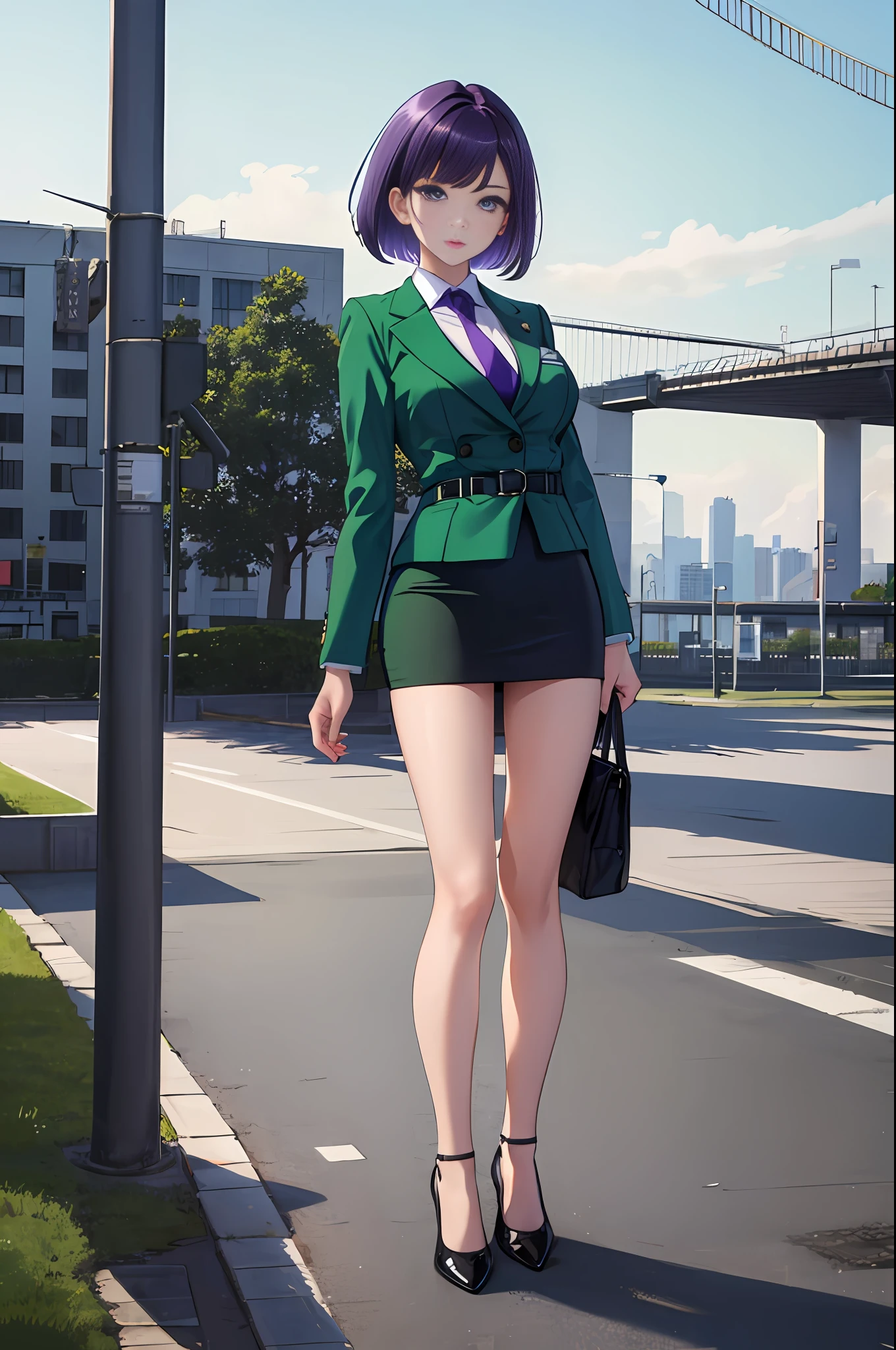 ((masterpiece)), ((best quality)), highres, 1girl, solo, green suit and tie, pencil skirt, miniskirt, bare legs, matching shoes, looking at viewer, city backdrop, perfect hands, perfect eyes, perfect leotard, perfect legs, perfect arms, perfect fingers, medium breasts, standing, purple hair, short hair, bob hair, blue eyes, standing, (full body),