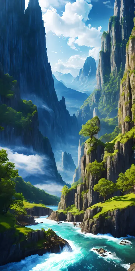 Masterpiece, best quality, high quality, extremely detailed CG unity 8k wallpaper, nature, tranquility, blue sky, clouds, mountains, trees, waterfalls, cliffs, lakes, rivers, cloudy sky, depth of field, HDR, realism, very detailed, intricate, high detail, ...