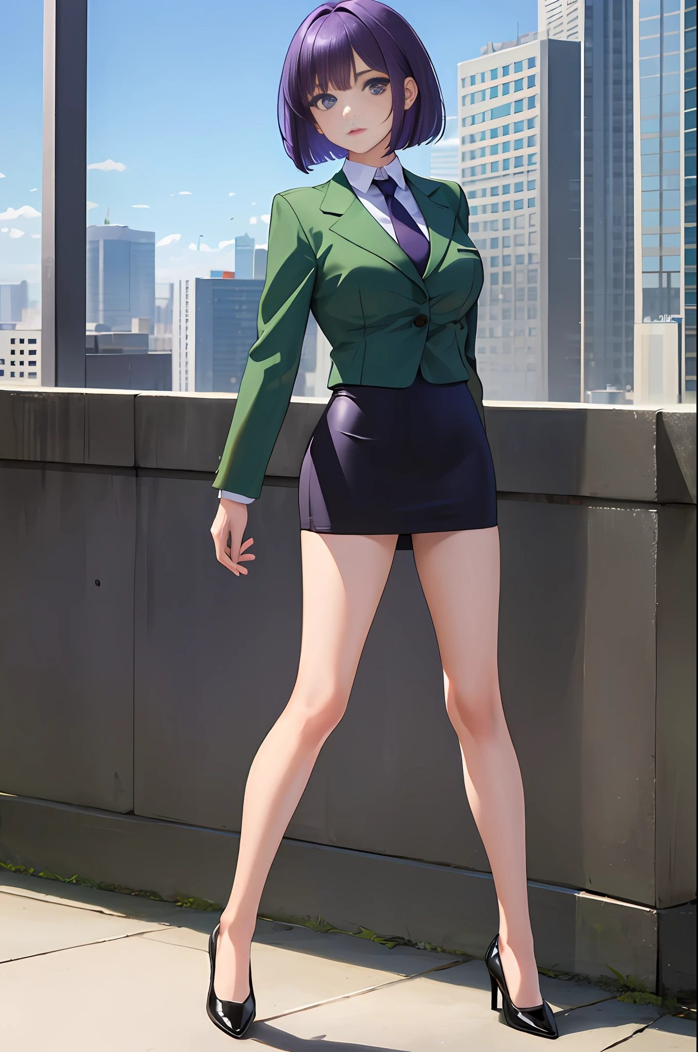 ((masterpiece)), ((best quality)), highres, 1girl, solo, green suit and tie, pencil skirt, miniskirt, bare legs, matching shoes, looking at viewer, city backdrop, perfect hands, perfect eyes, perfect leotard, perfect legs, perfect arms, perfect fingers, medium breasts, standing, purple hair, short hair, bob hair, blue eyes, standing, (full body),