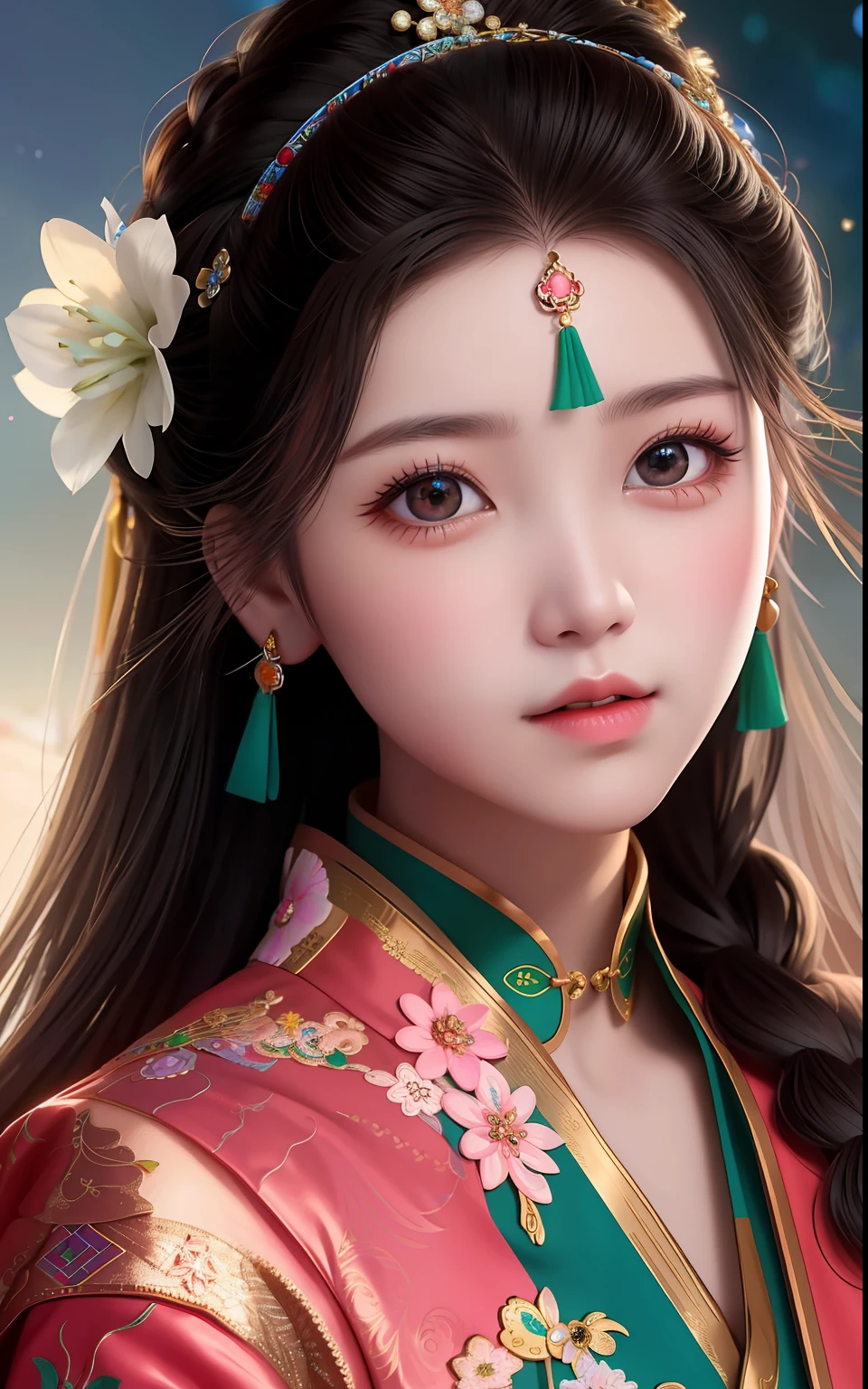 A woman with long hair wearing a pink and green dress - SeaArt AI