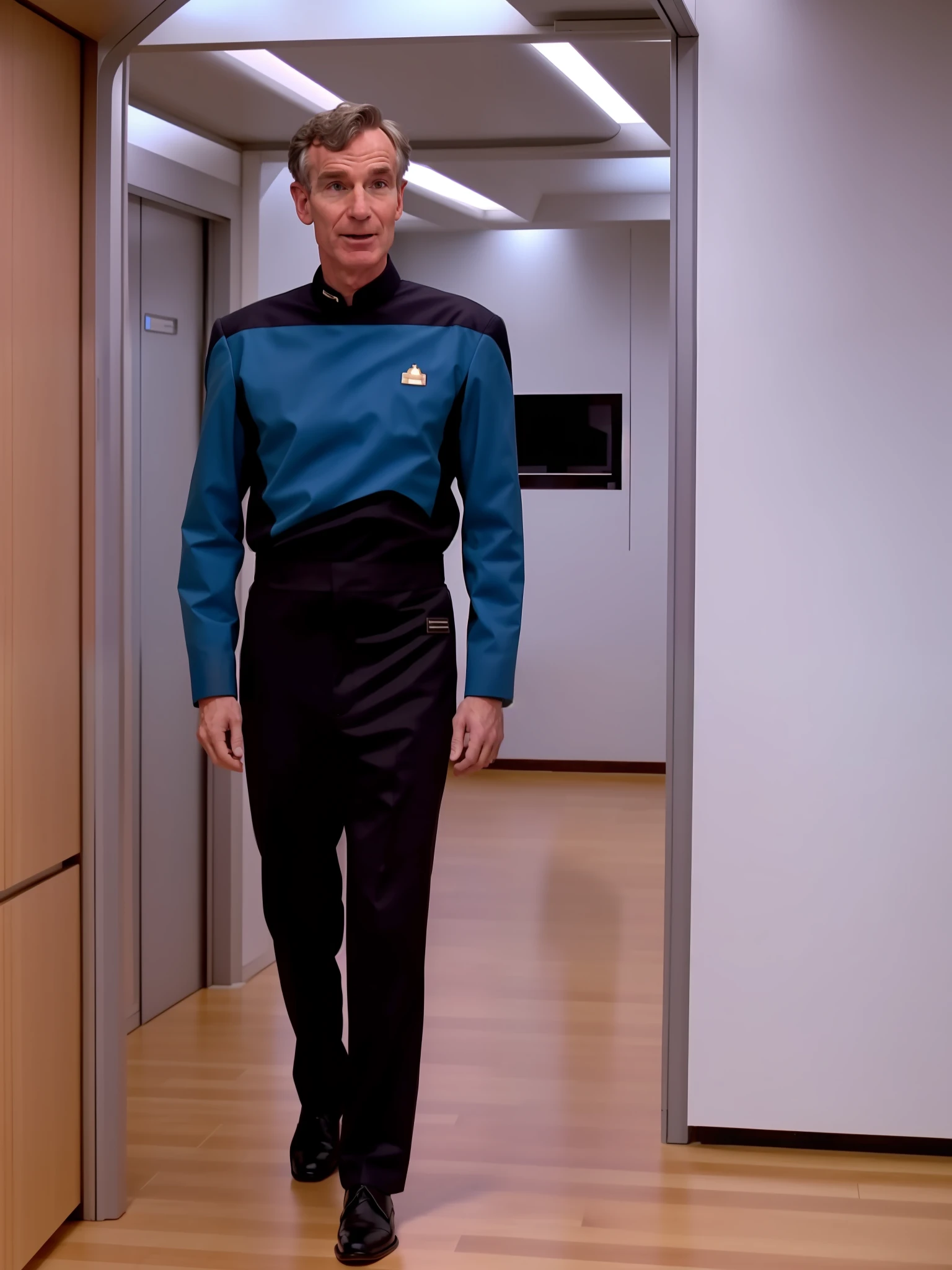 Bill Nye The Science Guy in a s3sttngsuit uniform, 8k uhd, dslr, soft lighting, high quality, film grain, higly detailed face,ultra detailed,masterpiece quality,Fujifilm XT3