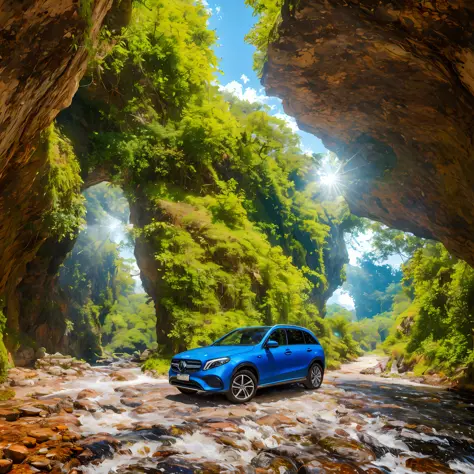 Commercial photograph of an EQE SUV Mercedes traversing Crystal Cave, lush, blue, golden hour, cinematic, 4k, volumetric lightin...