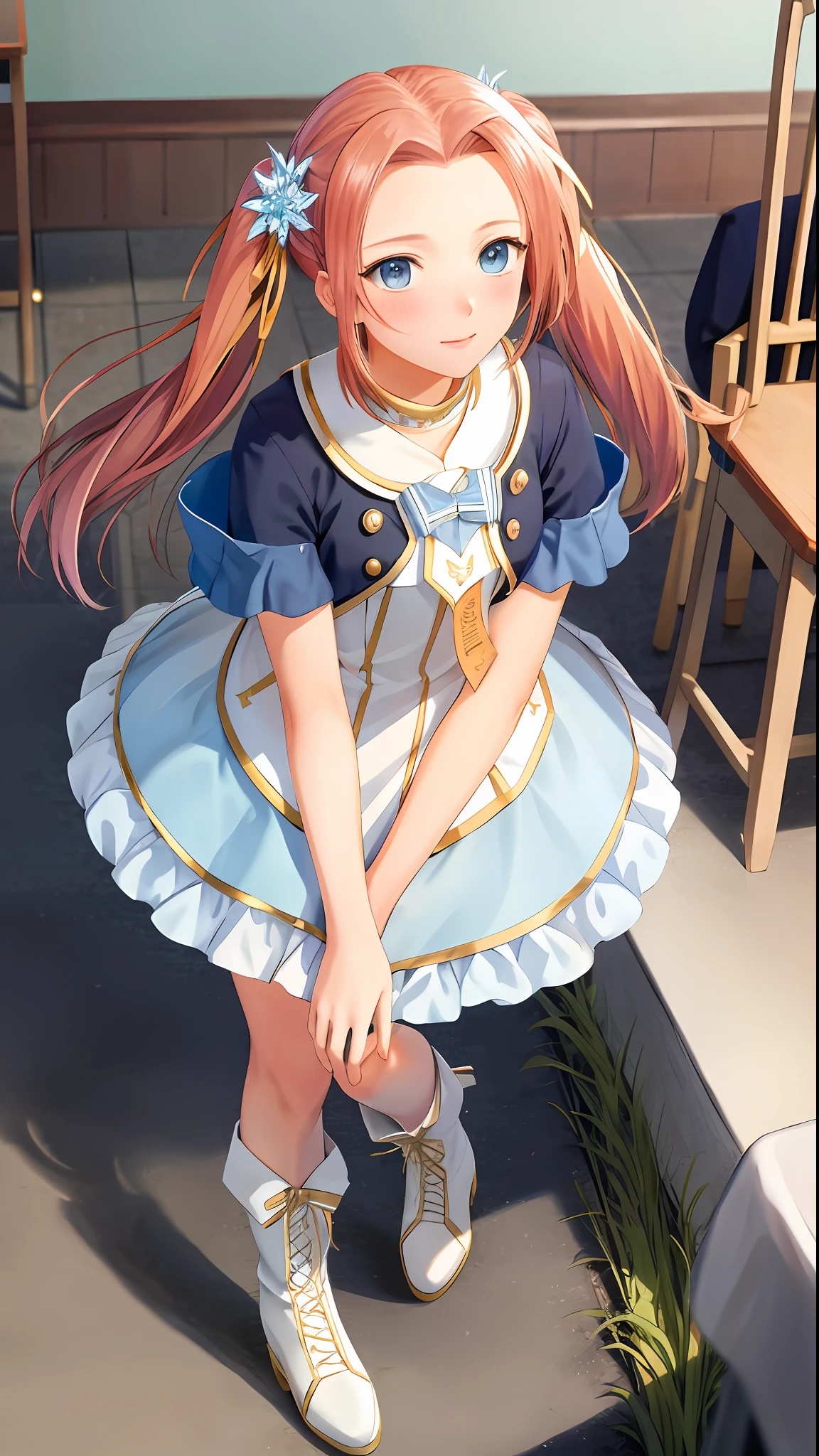 masterpiece, ultra high quality CG, best quality, perfect picture, solo, Eleanor Hume (short twintails hair, BLUE eyes), sexy BLUE and white dress, raised skirt, showing pink panties, in classroom, embarrassed, blush, sleeveless, long white boots,