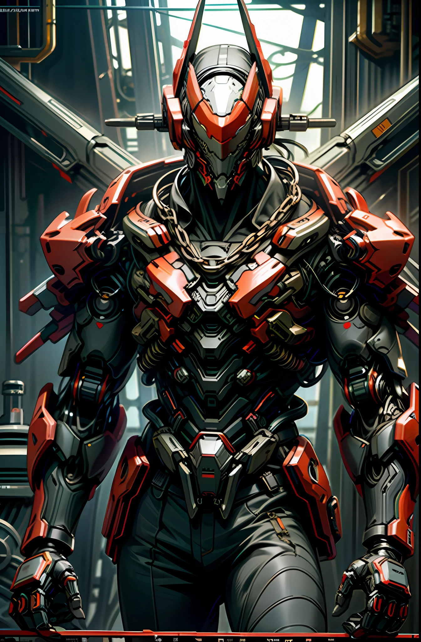 Dark_Fantasy,Cyberpunk,(chain saw,chain saw man,Red:1.1),1man,Mechanical marvel,Robotic presence,Cybernetic guardian,