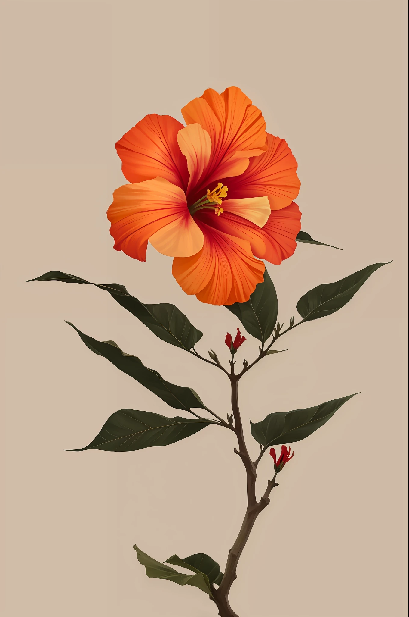 Hibiskusblüte blüht auf einem knorrigen Ast vor grauem Hintergrund, Einfacher Hintergrund, im Stil von Hellorange und Hellbeige, minimalist images, Fotografie-Installationen, Paläocore, grün und purpur, Hyperrealistisch, poetische Intimität