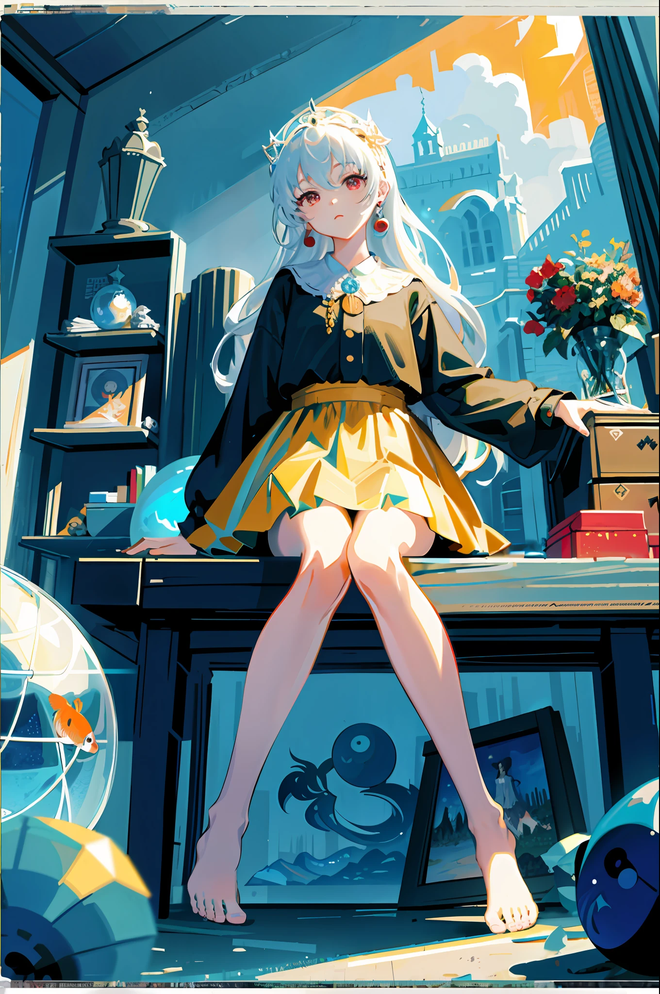 [(transparent background: 1.5)::5],(((masterpiece))),(((best quality))),(((extremely detailed))),illustration,1girl,solo,mysterious,vivid color,shiny ,Underwater transparent sealed hemispherical glass dome,white hair,red eyes,full body,bare feet,long hair,quiet nature,koi fish,underwater,dome,close-up,dynamic action,lens perspective,(((Box composition))),(((Box composition))), Sitting crossed - legs resting on a bookshelf, (arm + hand + 1 thumb + 4 fingers), (Impressionism: 1.4), Vincent van Gogh