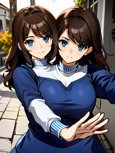 3heads, tribreasts, solo, close up, posing, long brown hair, blue sweater, outside,