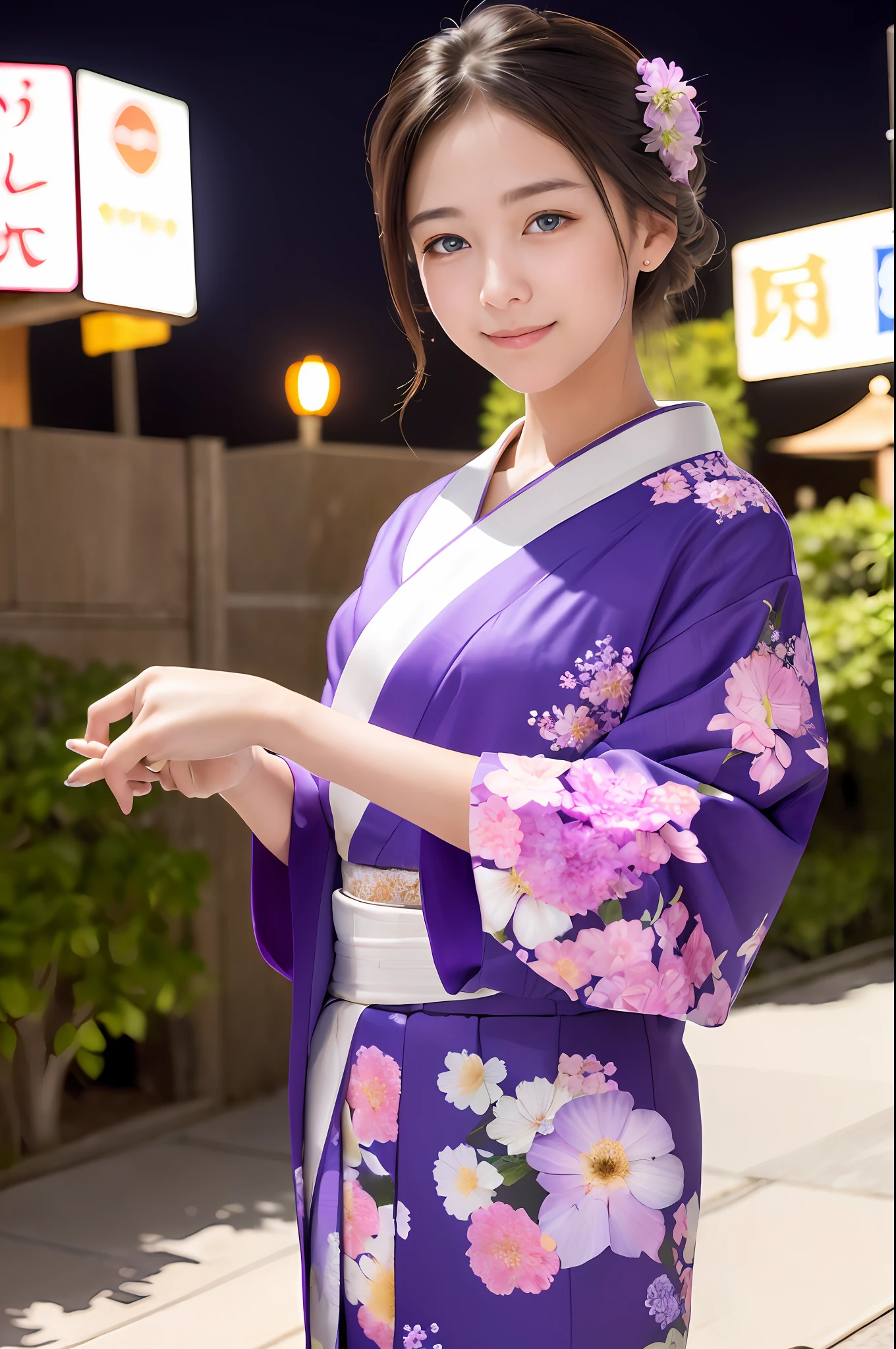 ((masterpiece, top quality, super definition, high definition)), solo, beautiful girl, shining eyes, perfect eyes, 16 years old, purple theme, yukata, fireworks, hydrangea, summer festival