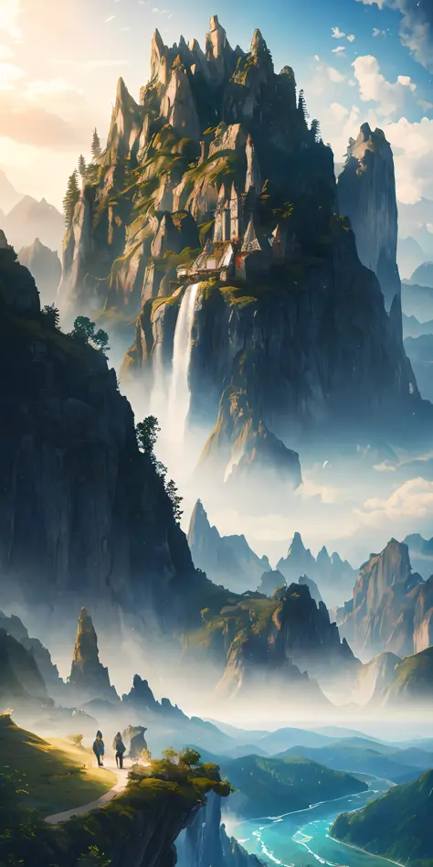 Masterpiece, best quality, high quality, extremely detailed CG unity 8k wallpaper, landscape, outdoor, sky, cloud, sky, no humans, mountain, landscape, water, tree, blue sky, waterfall, cliff, nature, lake, river , cloudy skies, award winning photography, ...
