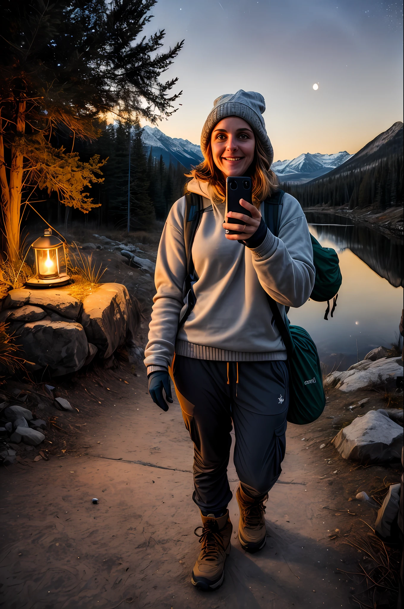 1 mujer ((parte superior del cuerpo selfie, feliz)), Obra maestra, mejor calidad, ultra detallado, suelo, exterior, (noche), montañas, naturaleza, (Estrellas, luna) alegre, feliz, mochila, bolsa de dormir, estufa de camping, botella de agua, botas de montaña, guantes, suéter, tiene, lantern, bosque, rocas, Río, madera, fumar, oscuridad, contrast, cielo limpio, Estilo, (tono cálido, tono cálido): 1.2), de cerca, luz cinemática, iluminación lateral, ultra alta resolución, mejor sombra, CRUDO, parte superior del cuerpo, anciano, vistiendo jersey