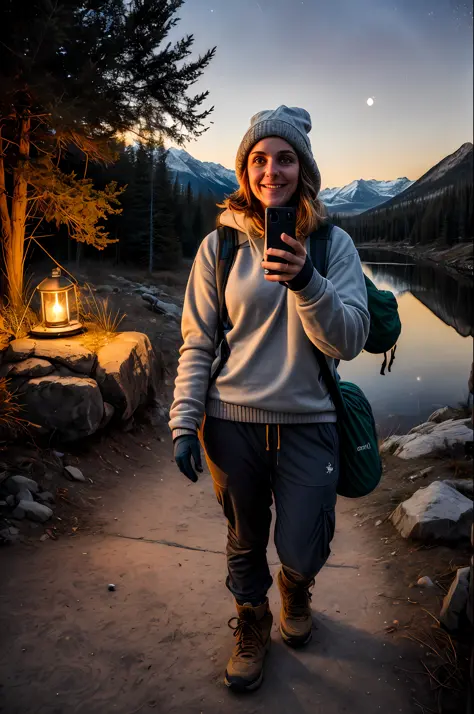 1 woman ((upper body selfie, happy)), masterpiece, best quality, ultra-detailed, ground, outdoor, (night), mountains, nature, (stars, moon) cheerful, happy, backpack, bag sleeping bag, camping stove, water bottle, mountain boots, gloves, sweater, hat, lant...