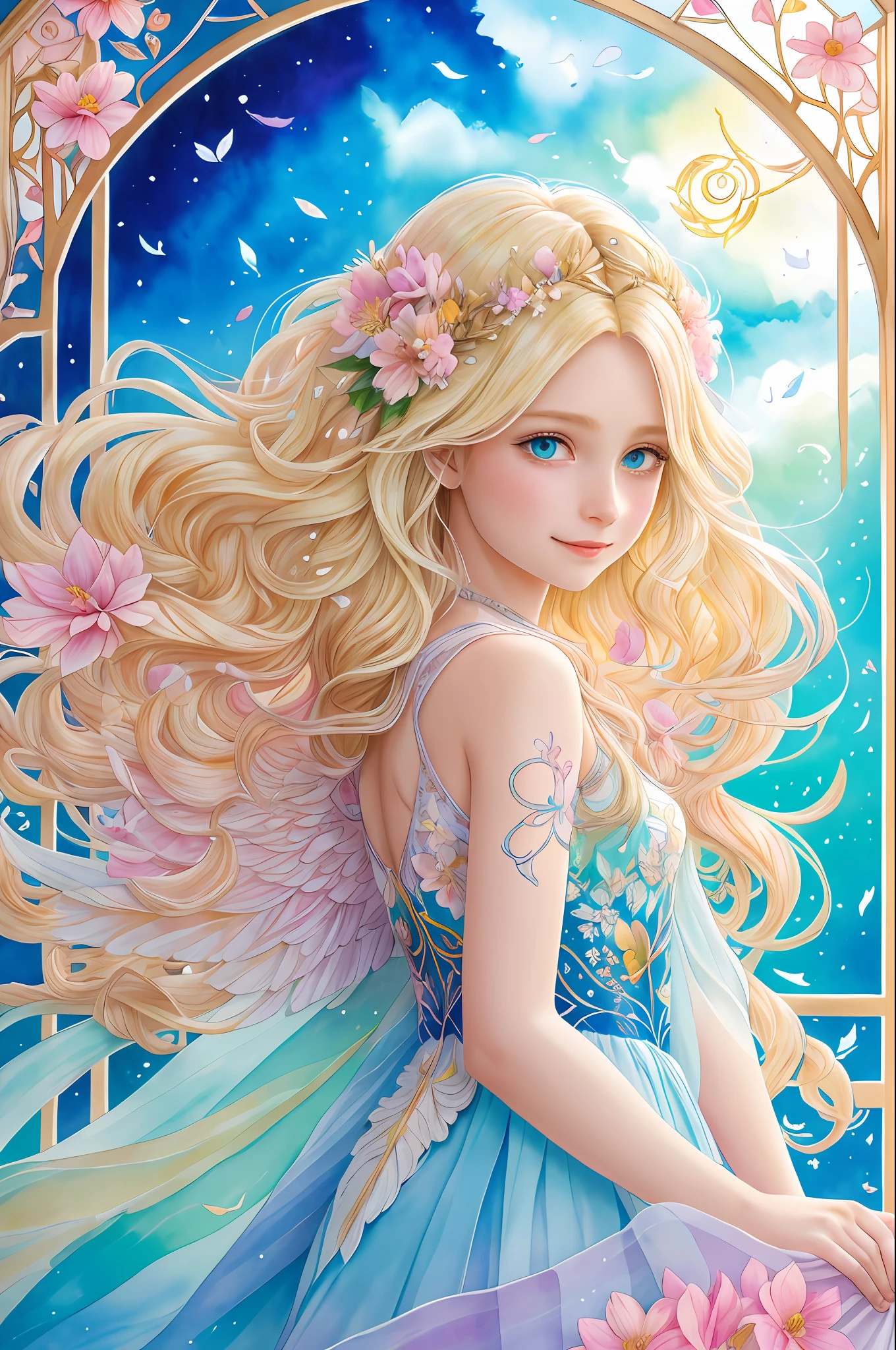 Pastel Colors, Delicate Drawings, Tide Play, Luxray, Split Color Hair, Wind, Flying Petals, Stained Glass Rhinoceros, For Decoration, Intricate Details, Dufkova, 2D, Line Art, Watercolor, Ink Watercolor, Random Color Hair, Super Long Hair, Perfect Facial Features, Beautiful Expression, Gentle Smile, Angel, Goddess, Symmetrical, Wavy, Blonde, Beautiful, Light, Wings, Feathers, well-formed limbs, perfect fingers, 1girl, alraune, flowers, alraune,